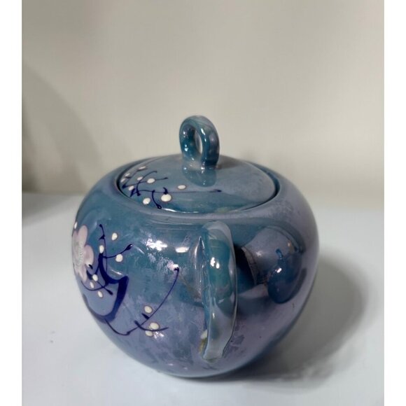 Vtg 30s Blue Ceramic Creamer Sugar Bowl Set Cherry Blossom Lusterware Japan‎ - Picture 4 of 11